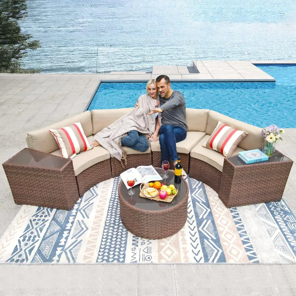 

Outdoor 7-Piece Sectional Furniture Set with Round Coffee Table, Beige Cushion and Brown Wicker,Patio Curved Sofa Set