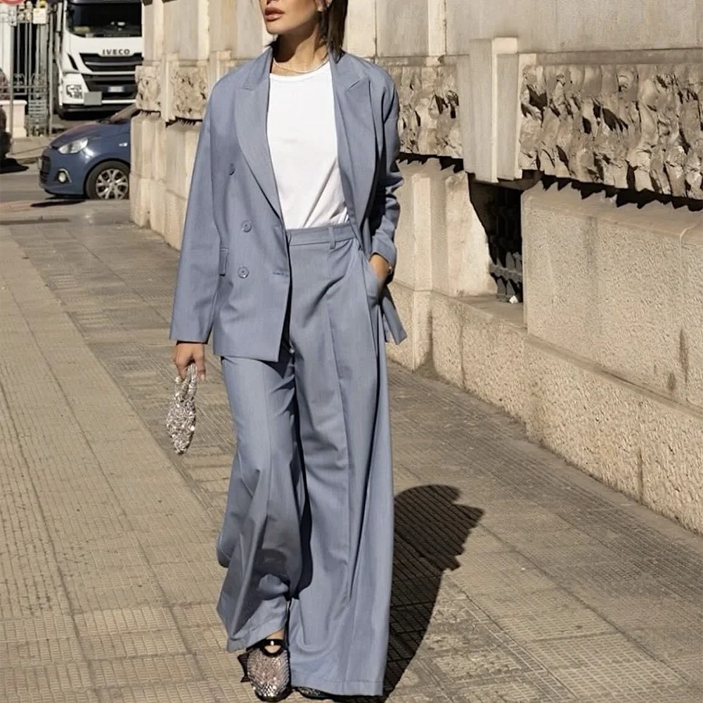 

Chic Gray Suit For Women Loose Fit Double Breasted Peaked Lapel Casual Outfit Two Piece Jacket Pants Daily Office Female Suit