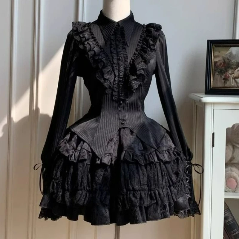 Vintage Blouse Women Y2K Aesthetic Lolita Kawaii Retro Slim Fit Fashion Tops Lace Trim Sweet Ruffle Elegant Casual Ladies Shirts