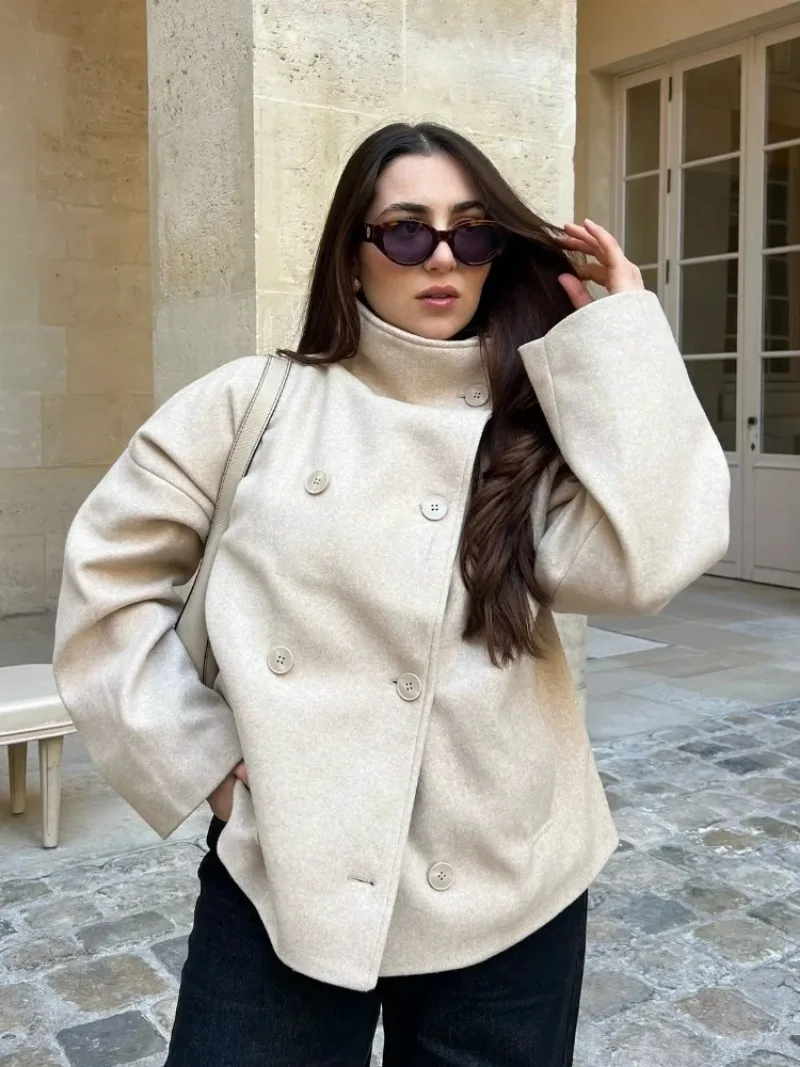 

2025 Autumn Woolen Coats Women Casual Double Breasted Stand Collar Female Office Short Jackets Chic Lady Loose Street Outwear