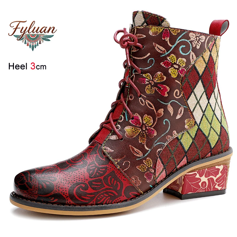 

New Spring Fall Retro Women's Ankle Boots Thick Heels 3cm Lace Up Denim Jacquard Color Blocking Zipper Ladies Pumps Casual Shoes