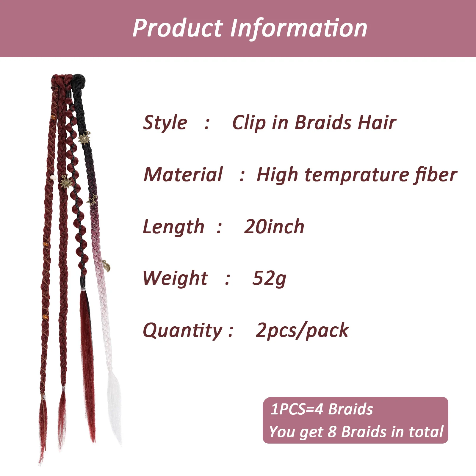 Clip in braids, 2PCS 20Inch Dreadlock Extensions with Beads & Chains, Viking Boho Braids for Cosplay Festival, Daily Styling