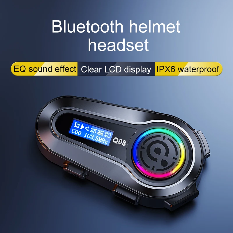 Q08 Motorcycle Helmet Bluetooth Headset EQ Sound Effect HD LCD Display IPX6 Waterproof Stereo FM Radio Stable Signal Headphone