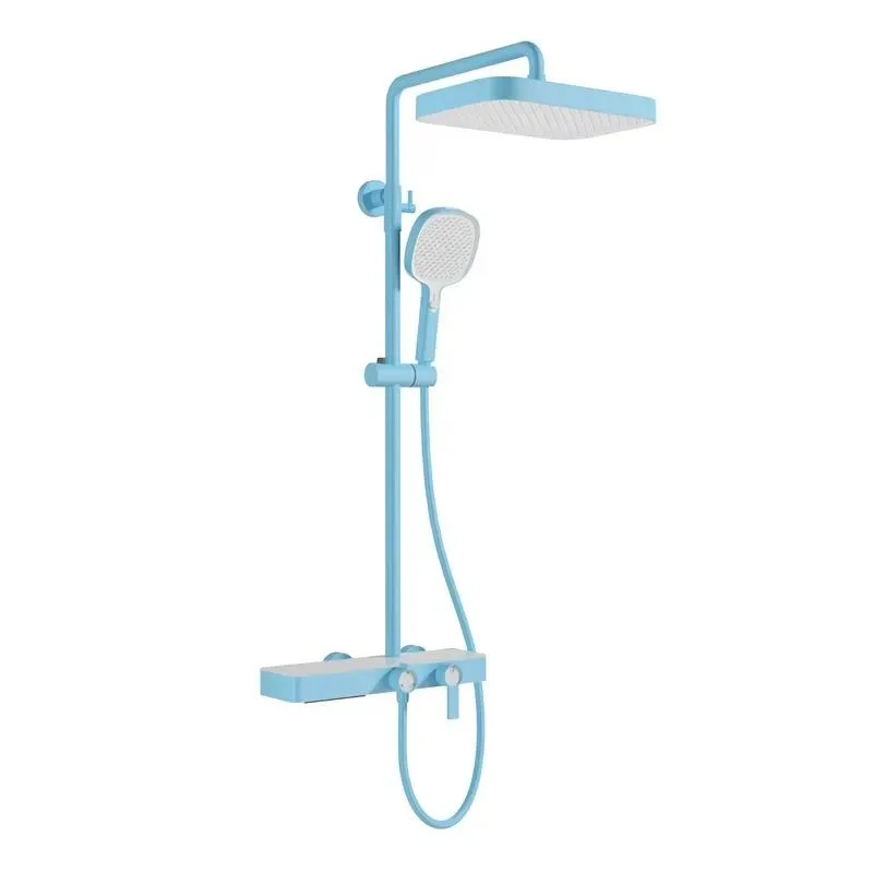 Green Shower Set with Colored Head Large Storage Rack Complete Home System Hot Cold Water Pressurized Function
