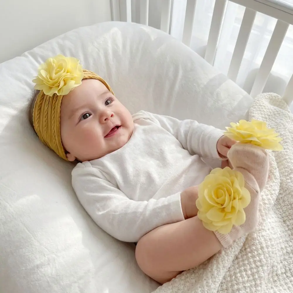 

Big Flower Headband Socks Set Elastic Soft Cotton Infant Turban Hat Socks Set Breathable Lightweight Hat Sock Set