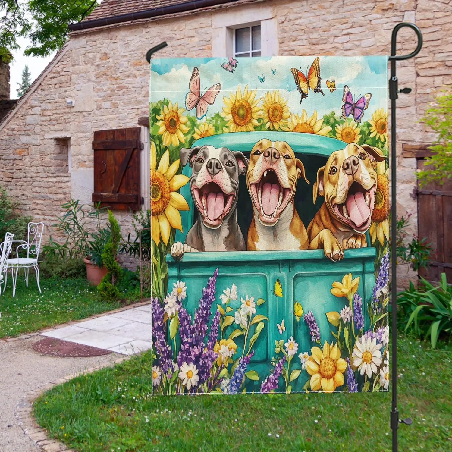 Spring Pitbull Dog Garden Flags 12x18 Inch for Outside, Funny Puppy Truck Sunflower Standard Vertical Linen Flags for House, zzo
