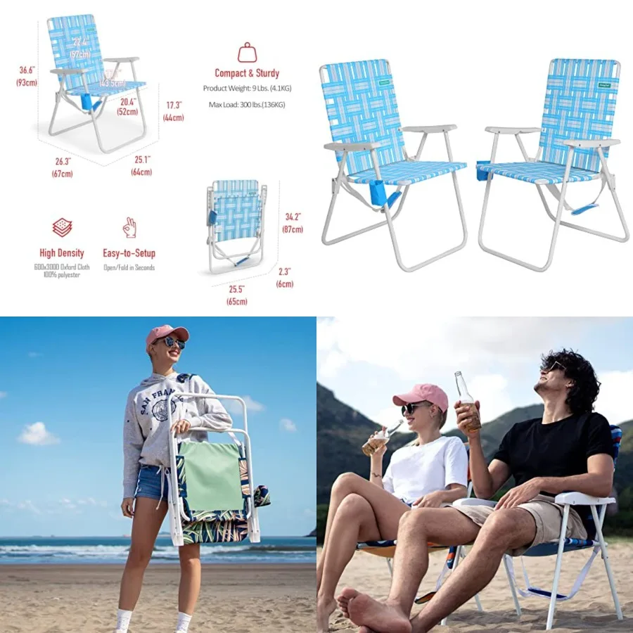 

15" Tall Folding Webbed Beach Chair, Oversized Portable High Seat Sand Chair for Adults Heavy Duty 300 LBS, Foldable Camping We