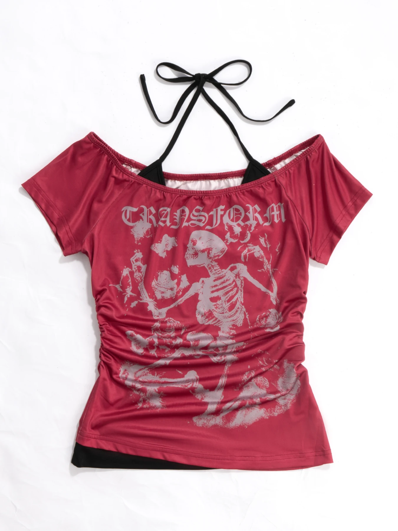 Sexy schulterfreies Neckholder-Top mit Skelett-Print und gerafften Seiten für den Abend und Freizeit – Detail 3