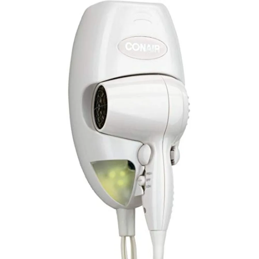 

Wall Mount Hair Dryer for Bathroom, White ABS Plastic, White, 134W Mini Turbo with Nightlight and 1600W Power