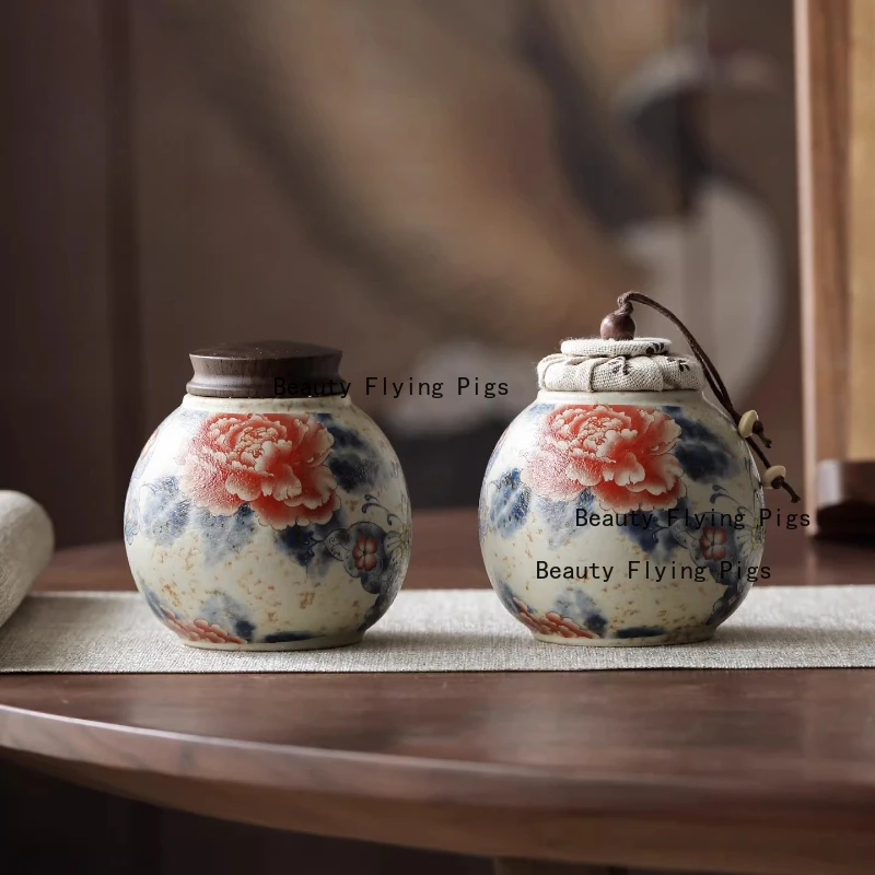 Hand Drawn Blue Butterfly Tea Can Ceramic Powder/coffee Powder Sealed Jar Kitchen Seasoning Jar Tea Ceremony Accessories
