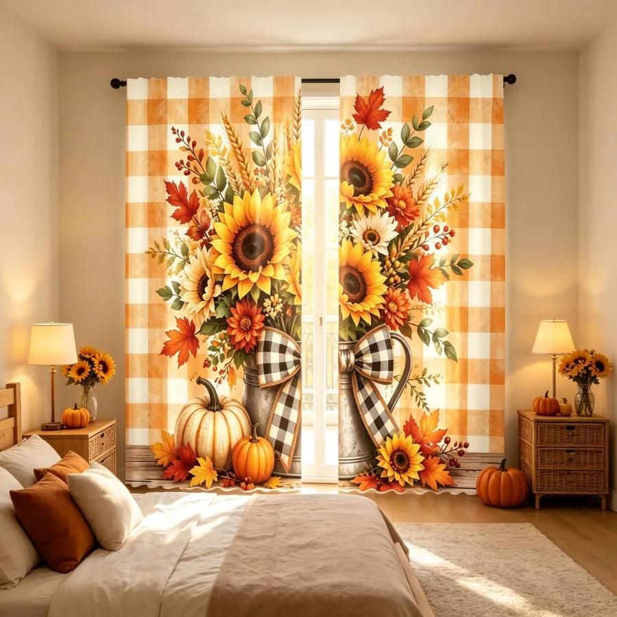 2PCS Digital Print Curtain, Sunflower Pumpkin Autumn Leaves Plaid Pattern, Fall Harvest Style for Living Room Bedroom Decor