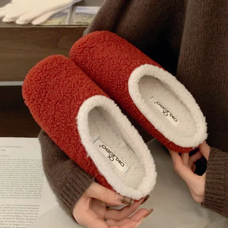 

Autumn Winter Short Plush Warm Flat Slippers Women Comfort Round Toe Backless Designer Mules Shoes Non-slip Soft Bottom Loafers