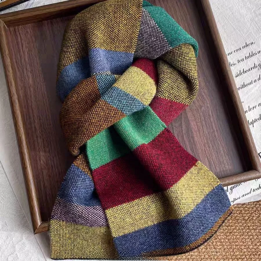 high-end-pure-wool-knitted-scarf-versatile-stripe-design-for-autumn-winter-season-fashionable-and-comfortable-polyester-brand