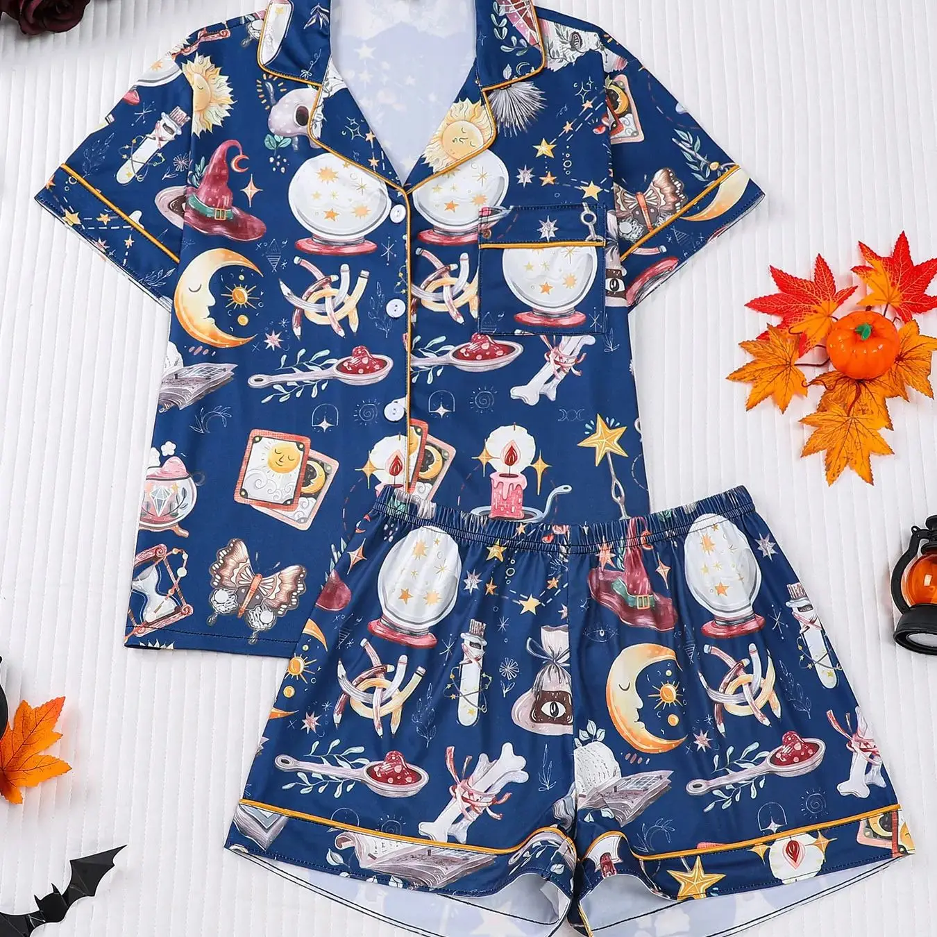 

Hand Drawn Vintage Women's Loungewear Set Halloween Magic Witch Print Short Sleeve Button Down Shorts Comfy Summer Sleepwear