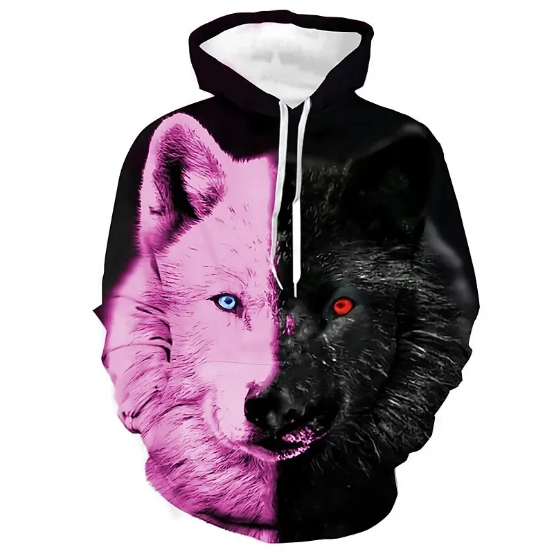 Black and White Wolf Print 3D Men's Hoodies Fashion Animal Pattern Women's Sweatshirts Leisure Essentials Pullover Jackets Coat