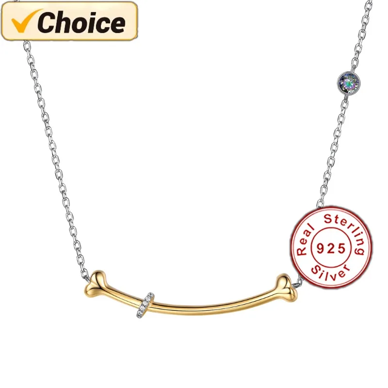 

Women 925 Sterling Silver Chain Smile Pendant Necklace 18" Chic Dog Bone Collar Choker with Rainbow Stone