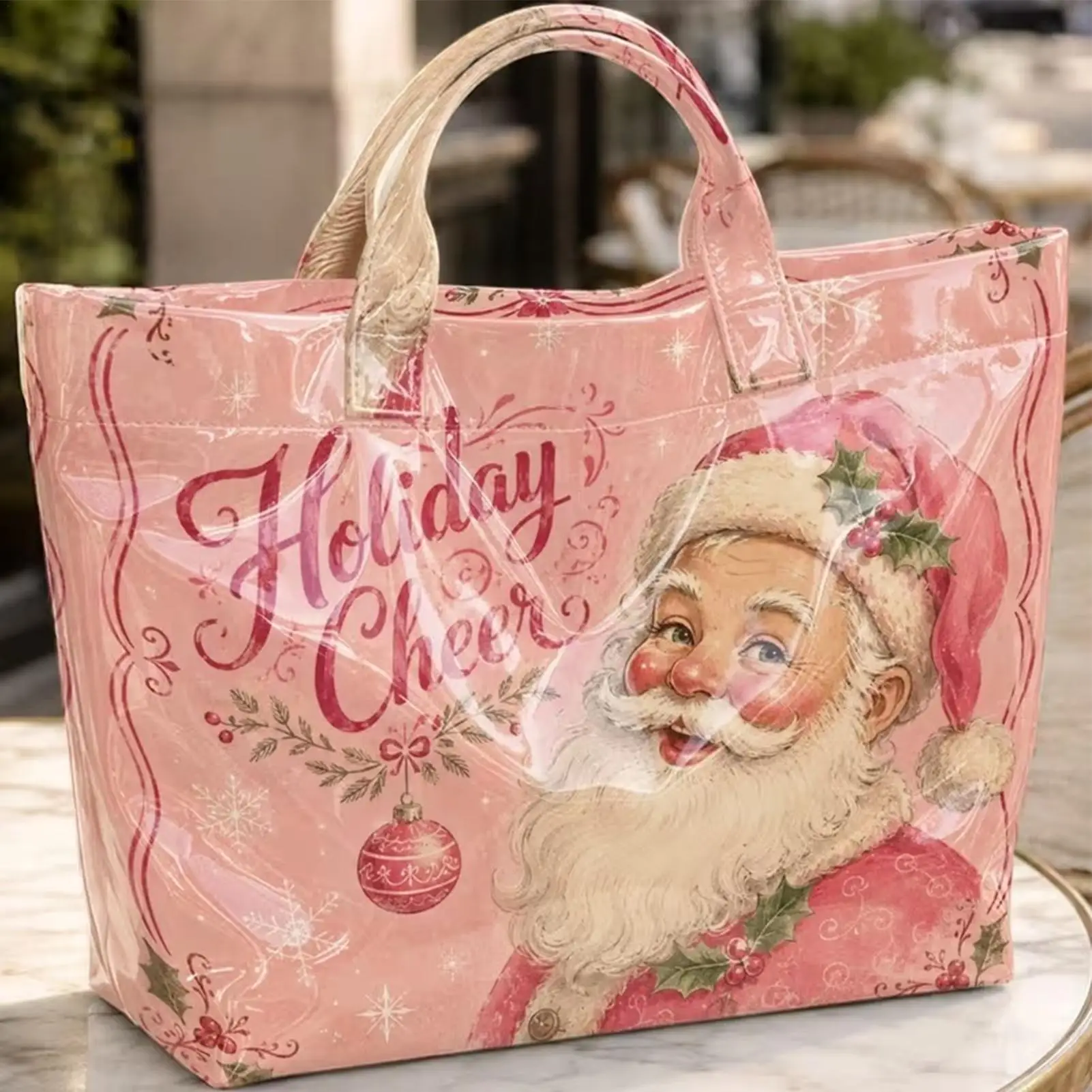 1PC Waterproof Christmas Print PVC Tote Bag Christmas Hand Tote Handbag Large Capacity Gift Storage Bag Beach Tote Handbag