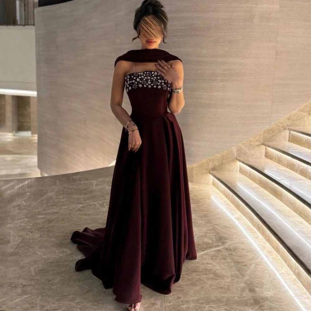 

Dream Beading Burgundy Strapless Evening Dress Classic A-Line Floor Length Ladies Customized Jersey Formal Occasion Gowns