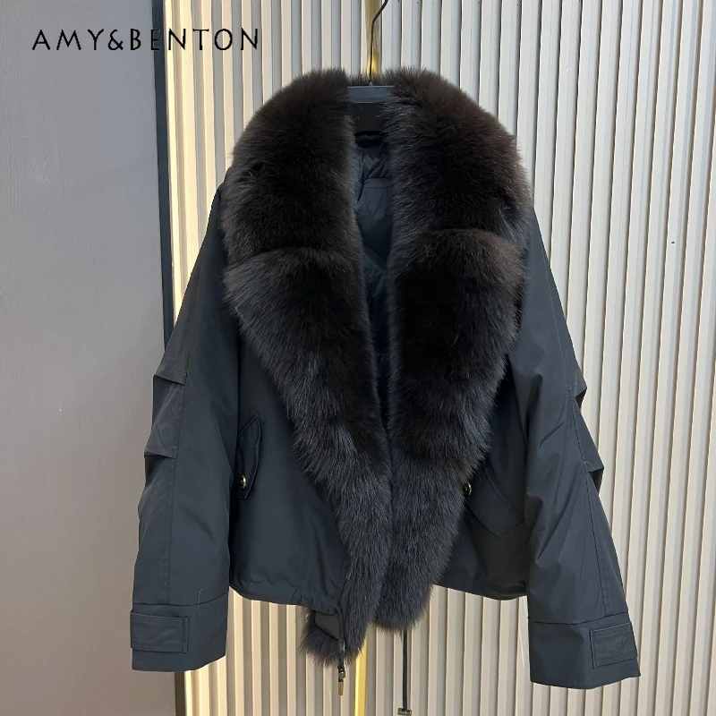 

Winter New Fashion Warm Parka Women's Zipper Fox Faux Fur Collar Down Jacket Short Fashion Age-Reducing Loose Casual Furry Coat