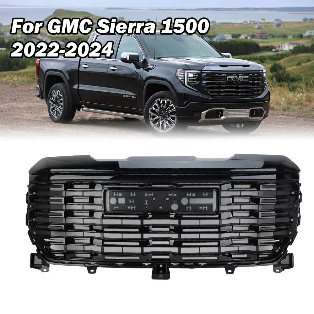 Front Upper Bumper Grill for GMC Sierra 1500 2022 2023 2024 ABS Replacement With Camera Hole Gloss Black Racing Grills 84878065