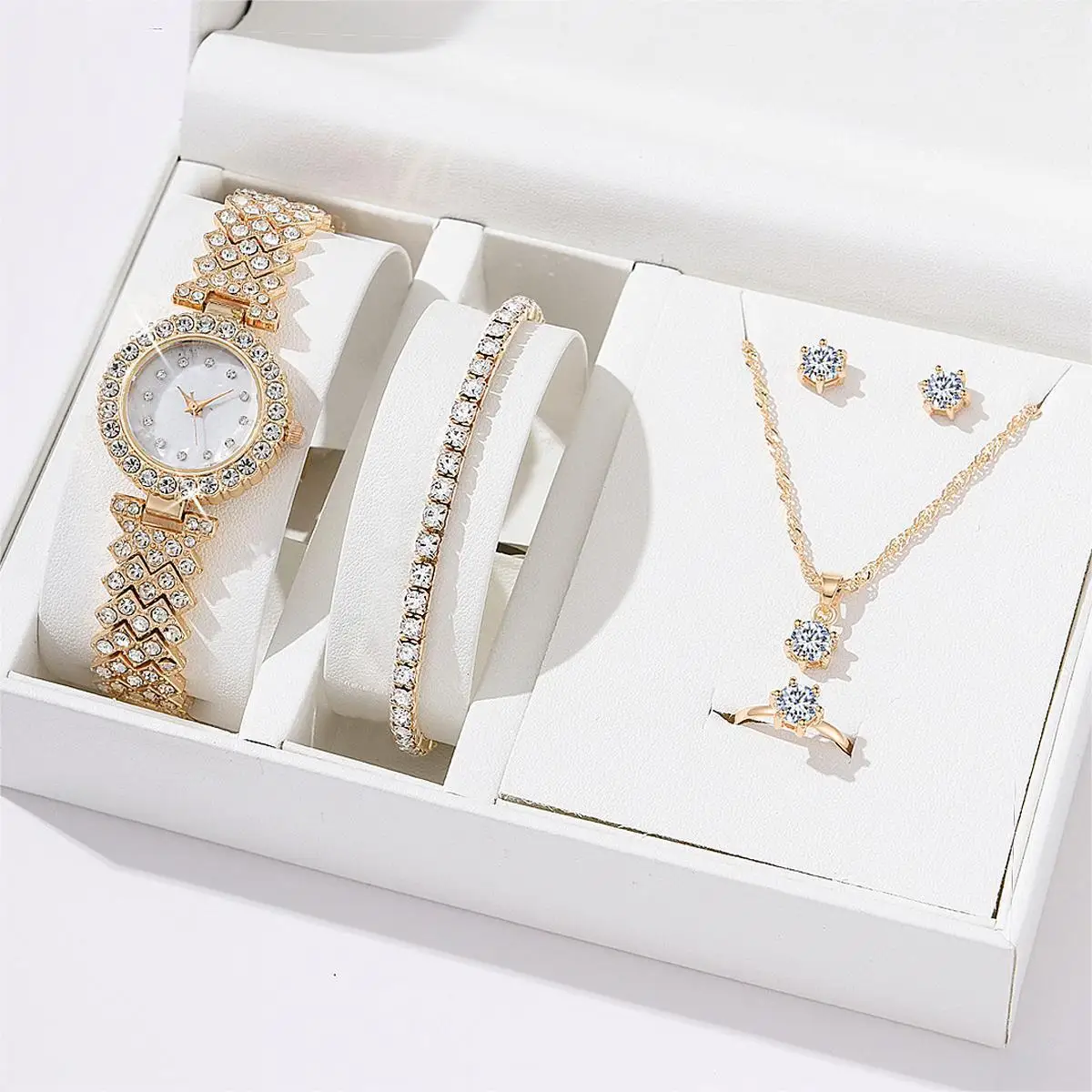 Set 6 Buah Jam Tangan Kuarsa Gelang Wanita Berlian Imitasi Mewah Jam Tangan Wanita Baja Set Sederhana Cincin Anting Kalung Reloj (Tanpa Kotak)