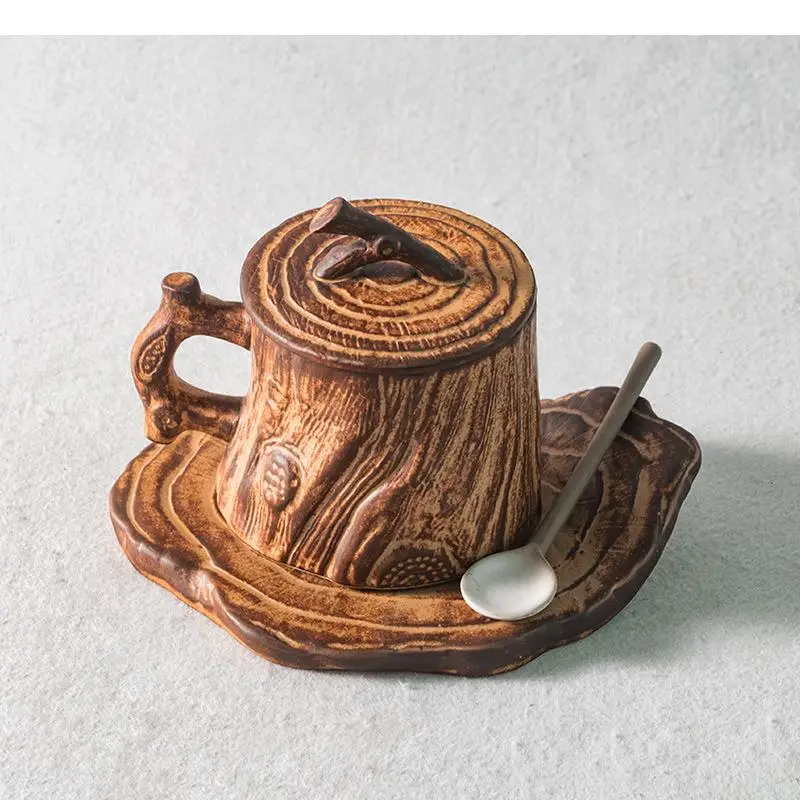 Handmade Stoneware Coffee Cups Stump Shaped Water Cup with Lid Milk Tea Mugs Office Afternoon