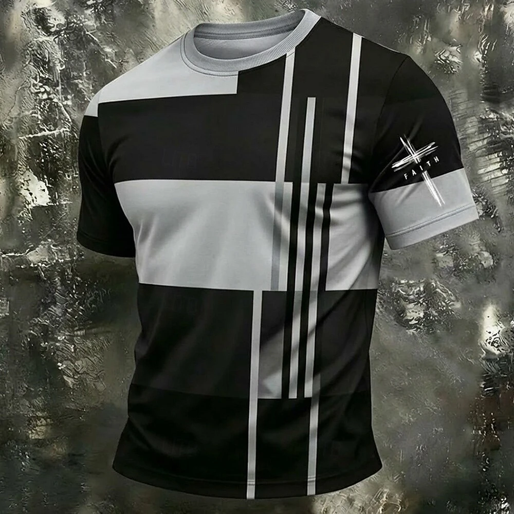 

Funny 3D Stripe Print Men's T Shirt Fashion Cross Pattern Short Sleeve Tees Summer Casual O-neck Loose Top Street Trend Clothing