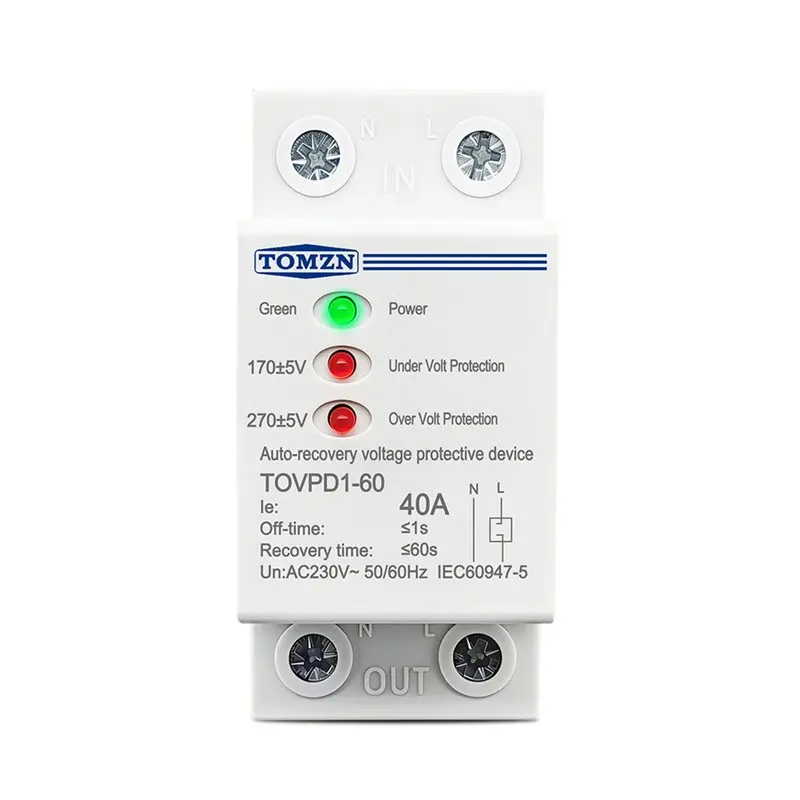TOMZN TOVPD1-60 40A AC230V DIN Rail 3 LED Auto Reconnect Over/Under Voltage Protective Device Protector Relay Protection
