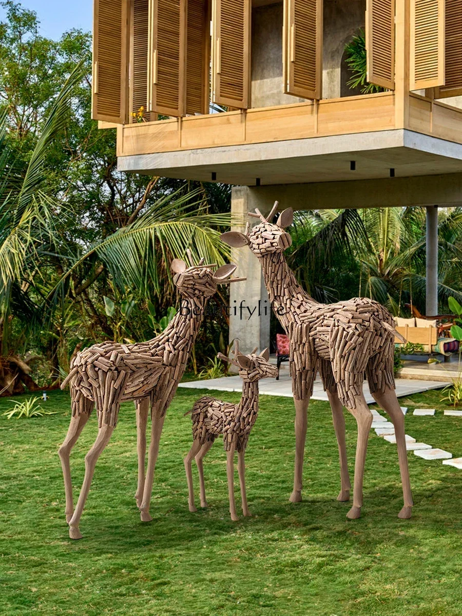 Solid wood lucky deer sculpture floor-to-ceiling large ornament B & B hotel crafts