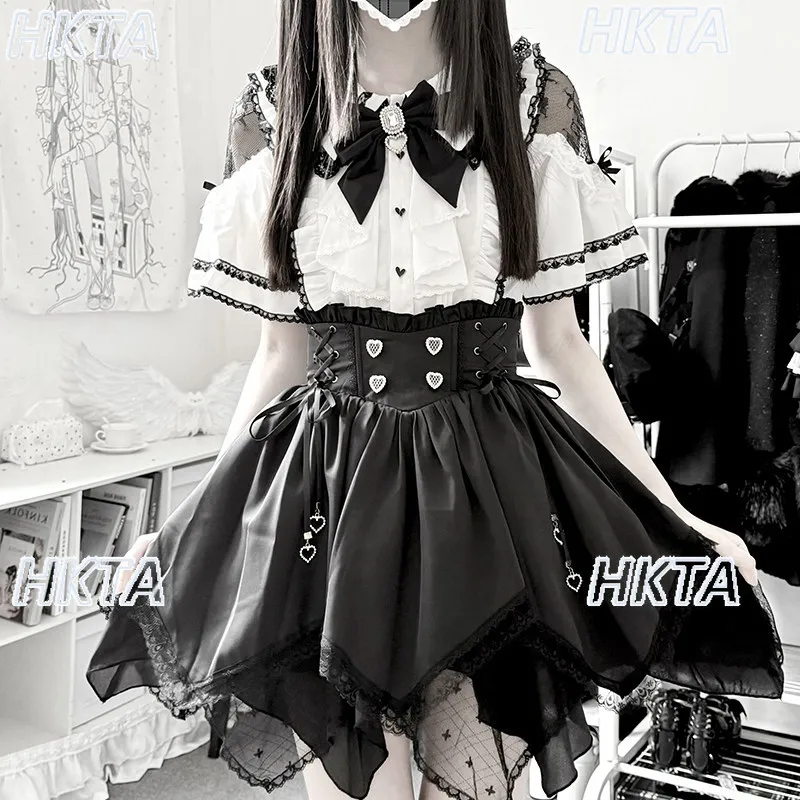 Subculture Dark Y2k Retro Sweet Lolita Lace Pleated Bow Ruffle Top Short Sleeve Shirt High Waist Black Skirt Lolita Suits Women