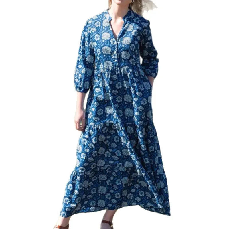 Boho Women's Casual Dress Autumn Spring New Vintage Printed V-neck Three-quarter Sleeve Loose A-line Dresses For Women Vestidos