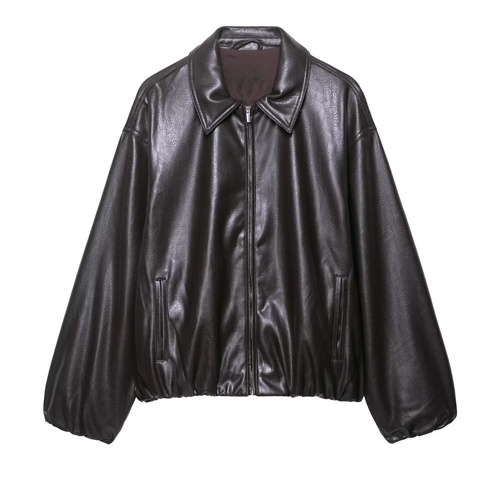 

BSK&TRAF2025 autumn new women's casual fashion simple loose lapel long-sleeved jacket imitation leather coat