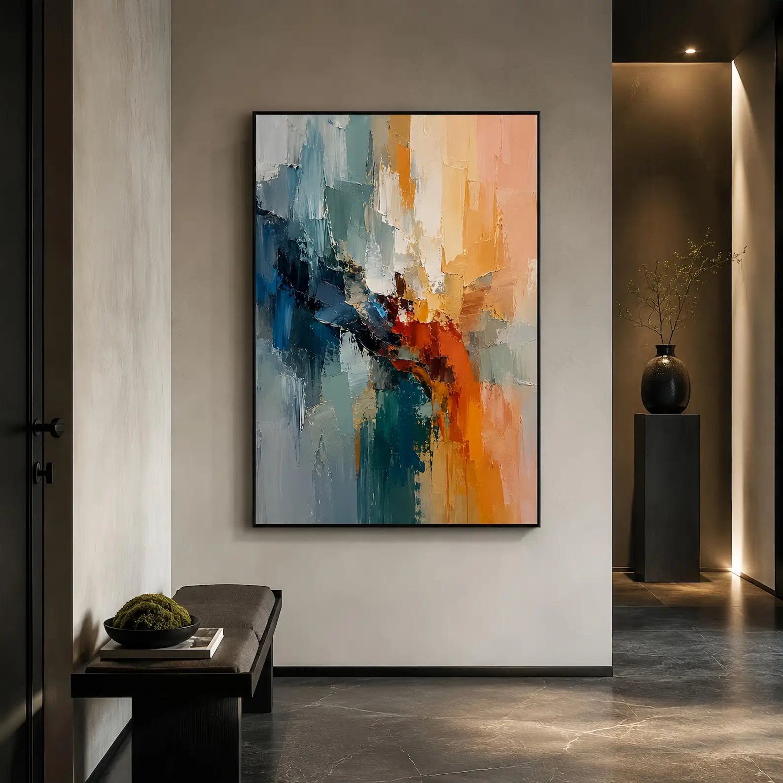Mhemyo Blue Orange Vertical Canvas Wall Art Large Abstract Hand Painted Painting Palette Knife Texture Modern Living Room Decor