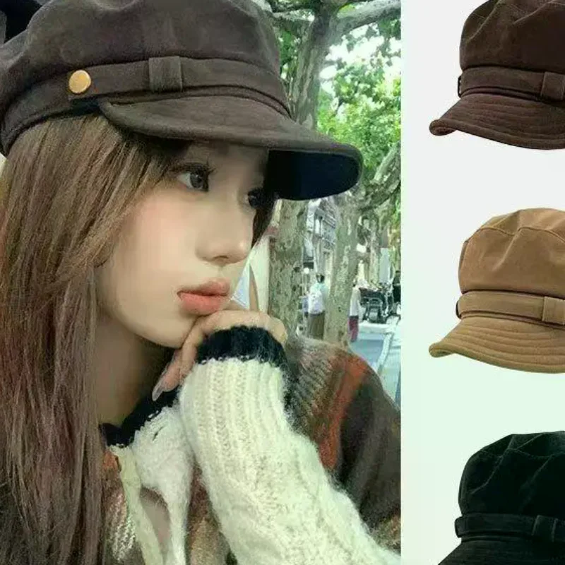 Boina de gamuza Retro para mujer, gorra plana para vendedor de periódicos, Otoño Invierno, Briti Sle, sombrero cálido plegable informal