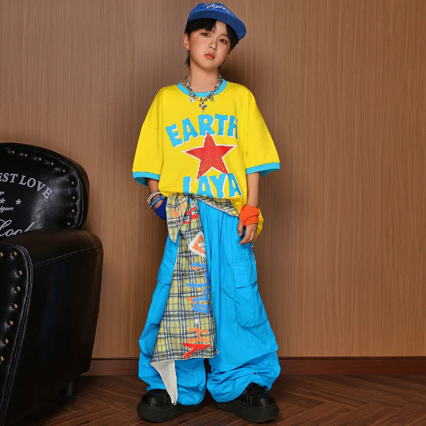Kids Hip Hop Outfit Pink Star Contrast Oversized T Shirt Blue Loose Cargo Pants Boys Girls Street Dance Stage Wear Costumes