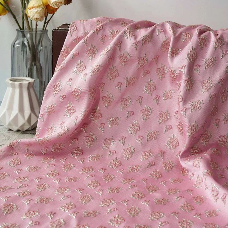 

Romantic Pink Embossed Jacquard Fabric with Gold Thread Small Floral Print for Fashion Dresses Skirts Bags DIY Sewing Material