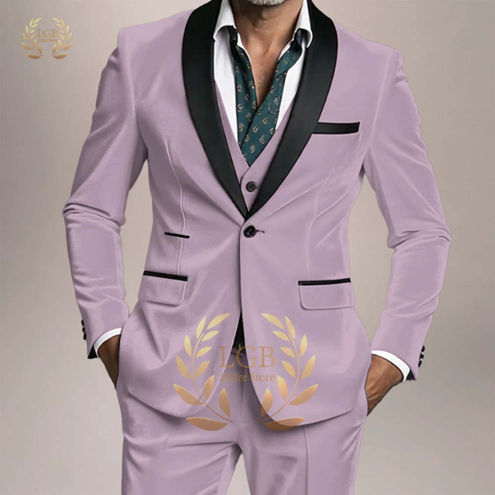 Men's 3-piece velvet suit featuring a black shawl-collar jacket, waistcoat, and trousers—suitable for weddings and proms.