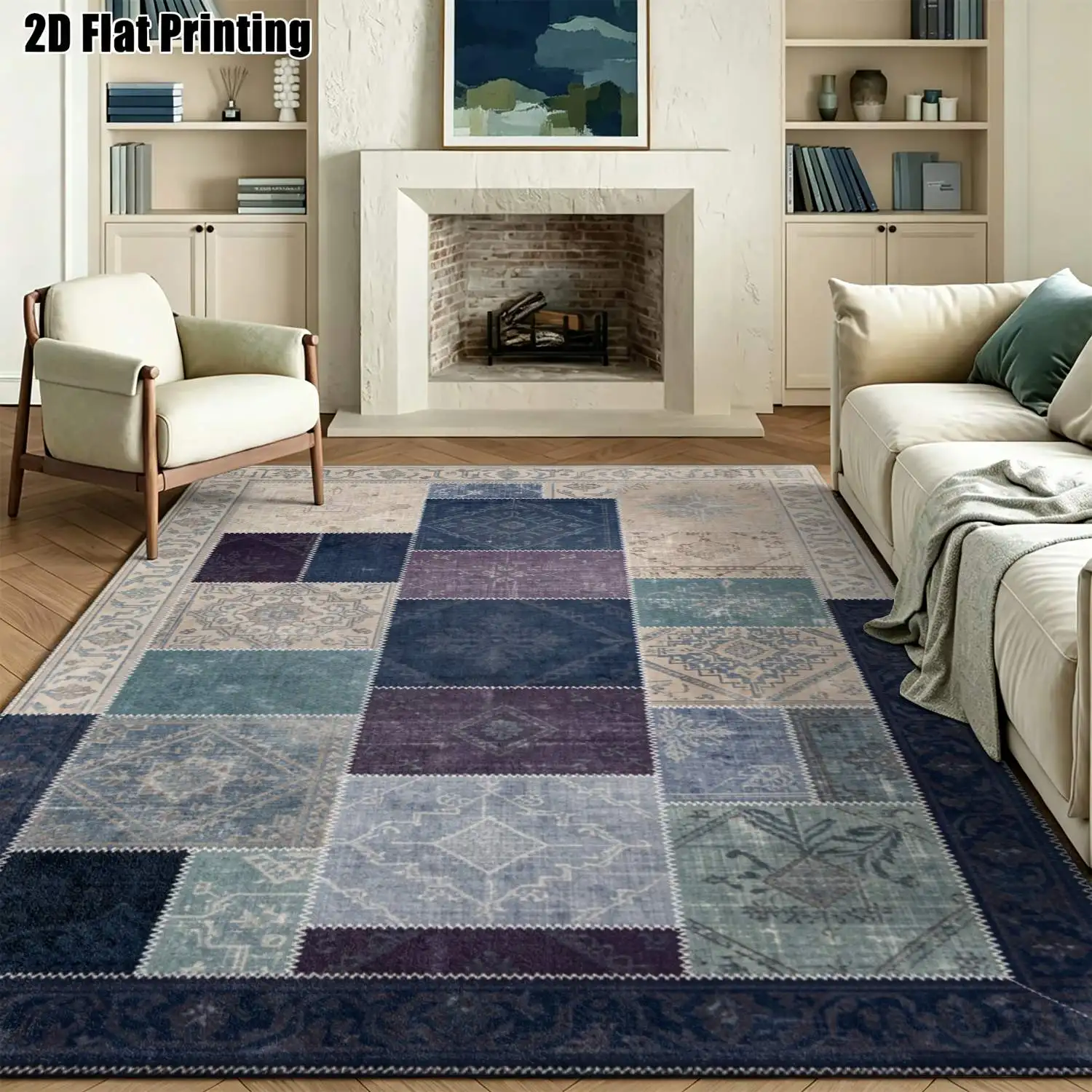 1Pc 2D Printed Retro Blue-Purple Geometric Patchwork Carpet, European/Bohemian Style, Home Decor, Multi-Size, Machine Washable, for Entrance, Dining, Foyer, Living Room, Bedroom