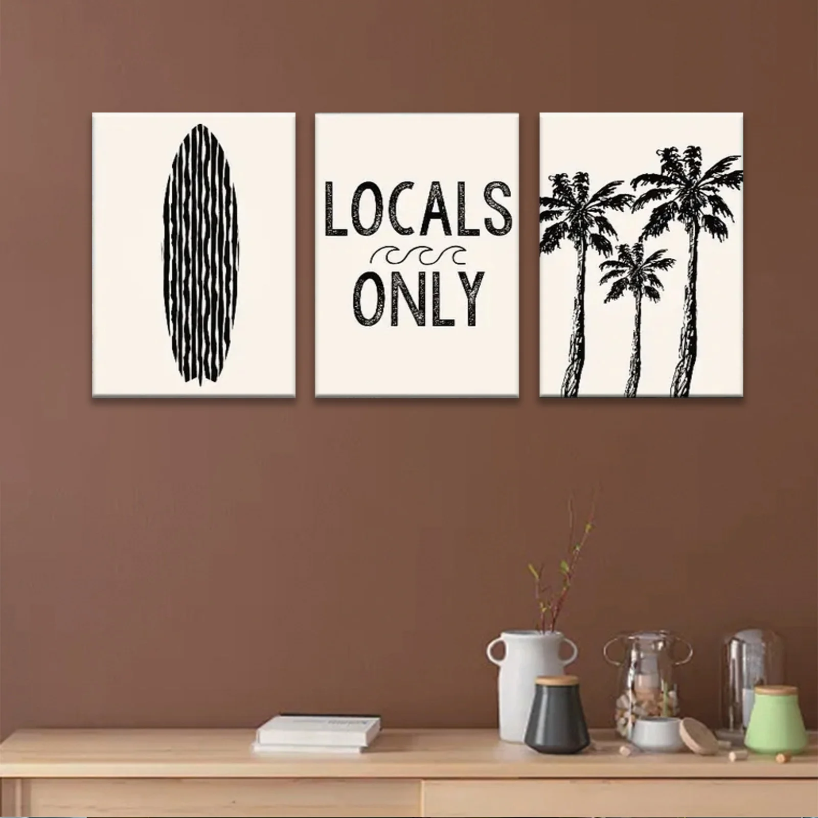 Frameless 3pcs Set Exquisite  Decorative Art Modern-Minimalist-Prints-Of-Palm-Trees-And-Surfboard-Canvas-Art Perfect Valentin