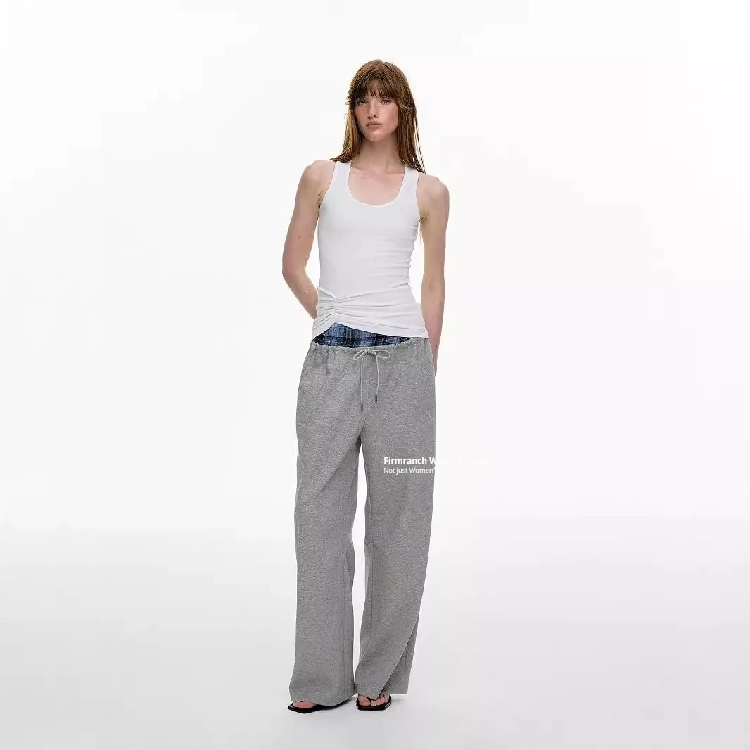 Firmranch American Retro Jennie Doppia vita Testa con coulisse Pantaloni casual Falsi due pezzi Pantaloni sportivi a forma di coltello curvo sciolto