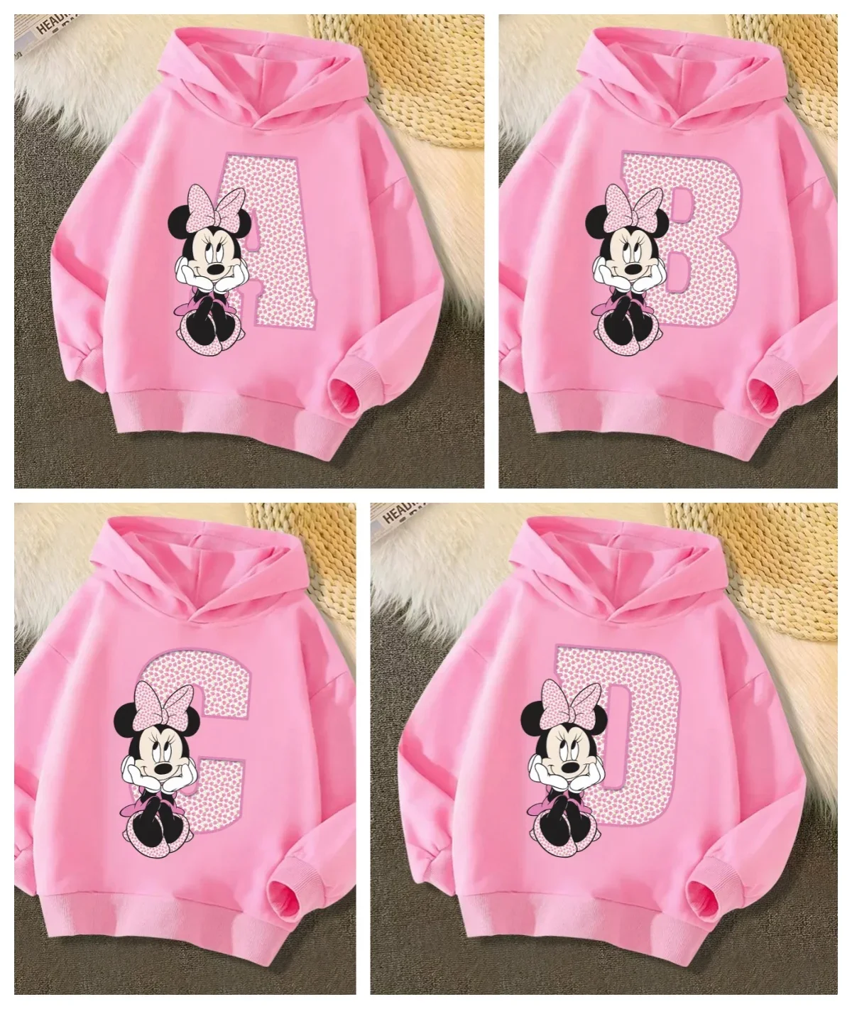 Children Hoodies Minnie Letter ABCD Kawaii Fashion Pullover Sweatshirt Anime Manga Cartoons Girls Boy Kids Casual Clothes Tops