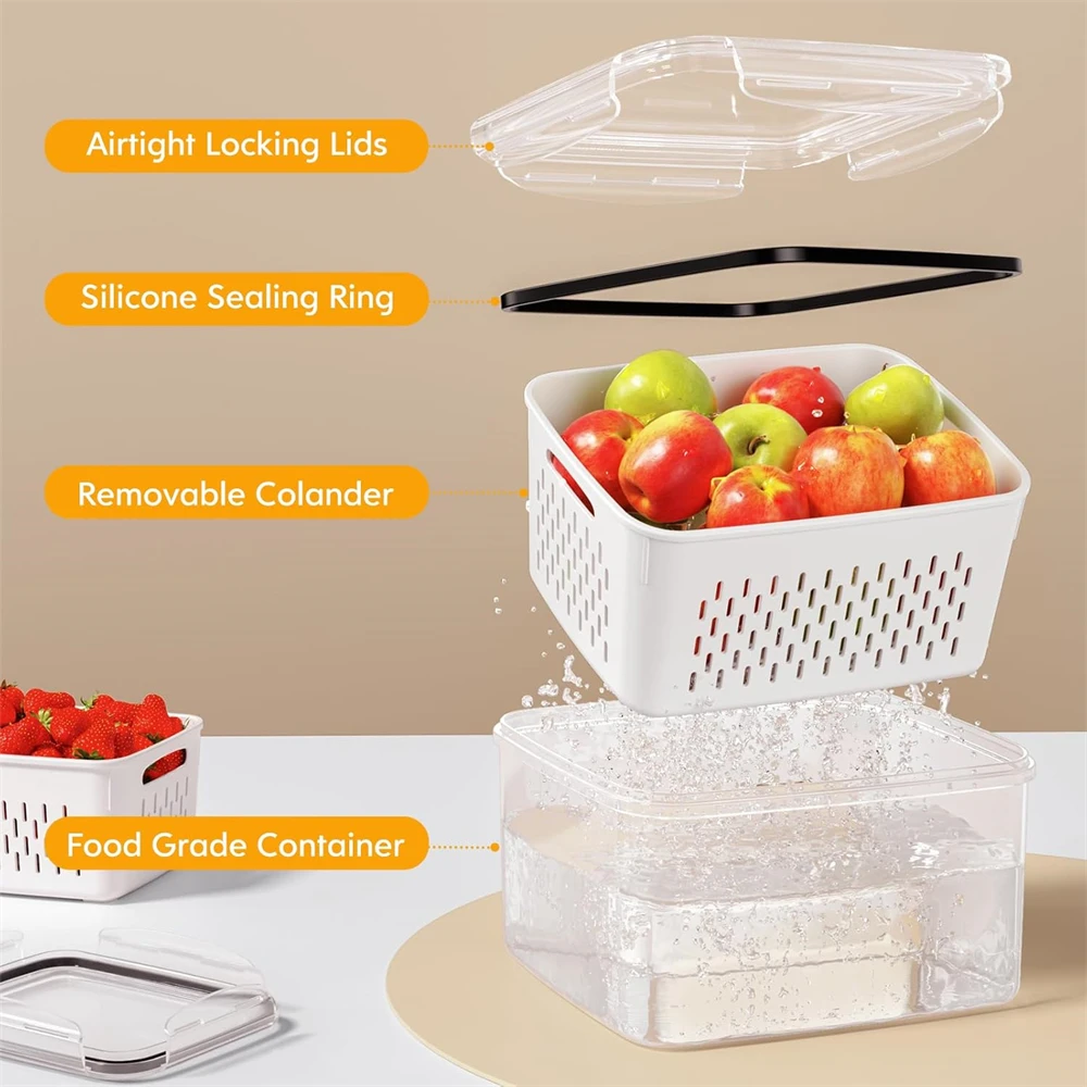 4 Pack Fruit Storage Containers for Fridge with Removable Colanders, Airtight Produce Vegetable Berry Containers for Fridge, All