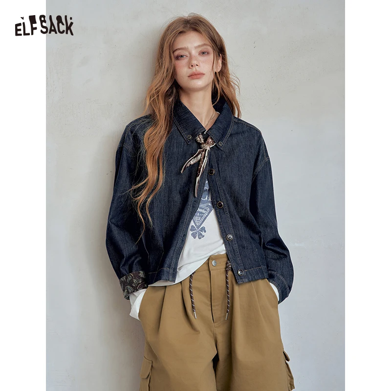 ELFSACK Women's Blue Cropped Outerwear Jacket with Scarf Detail, Casual Lapel Short Coat for Everyday, Loose Fit Long Sleeve Top