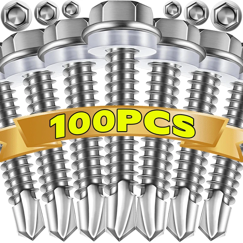 

Wholesale Stainless Steel Hex Screws M4.8mm Hexagonal Head Self Drilling Screw with Rubber Ring Self Tapping Metal Wood Fastener