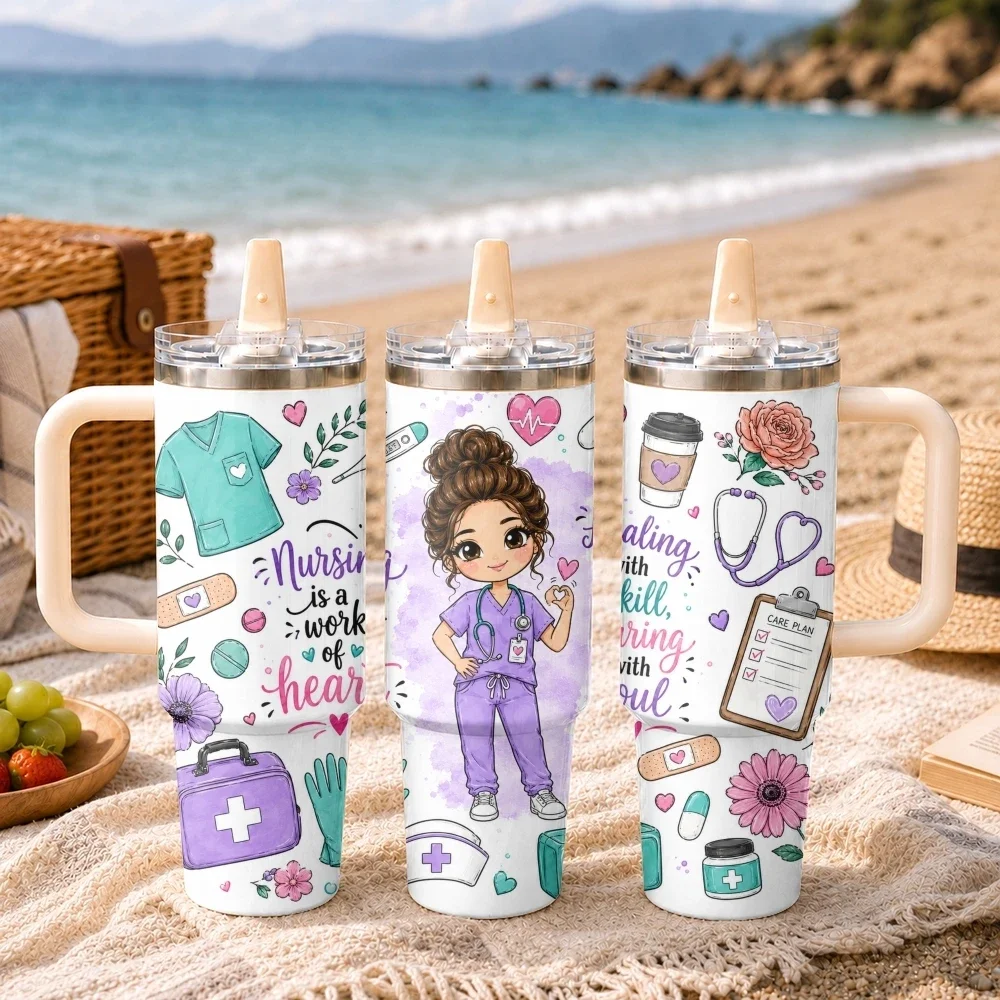 Strong Heart Steady Hands Nurse Vacuum Flasks 40oz 3rd Gen Vacuum Insulated Stainless Steel Tumbler Cup With Handle Straw Lid