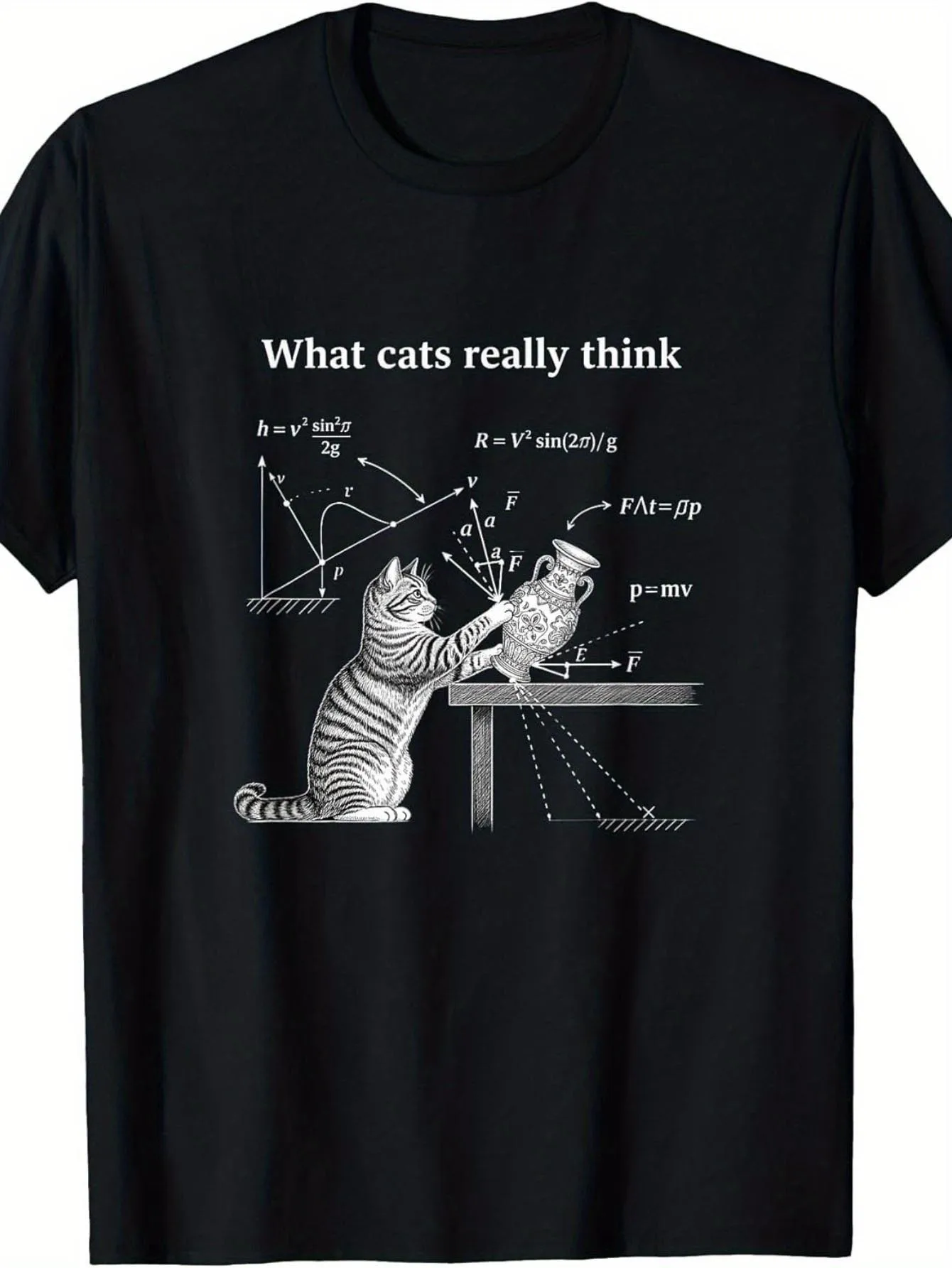 Cat's True Thoughts Black T-Shirt - Fun Printed Top Featuring Tabby Cat and Physics Formula Designs, a Unique Gift for Cat Lovers and Science Enthusiasts, Suitable for Casual Wear on Various Occasions