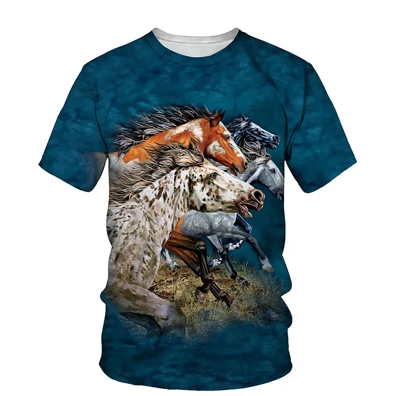 New Handsome Horse Graphic T-shirt Summer Animal Print Personality Hip Hop Men's Women's Children's Tops Breathable Lightweight