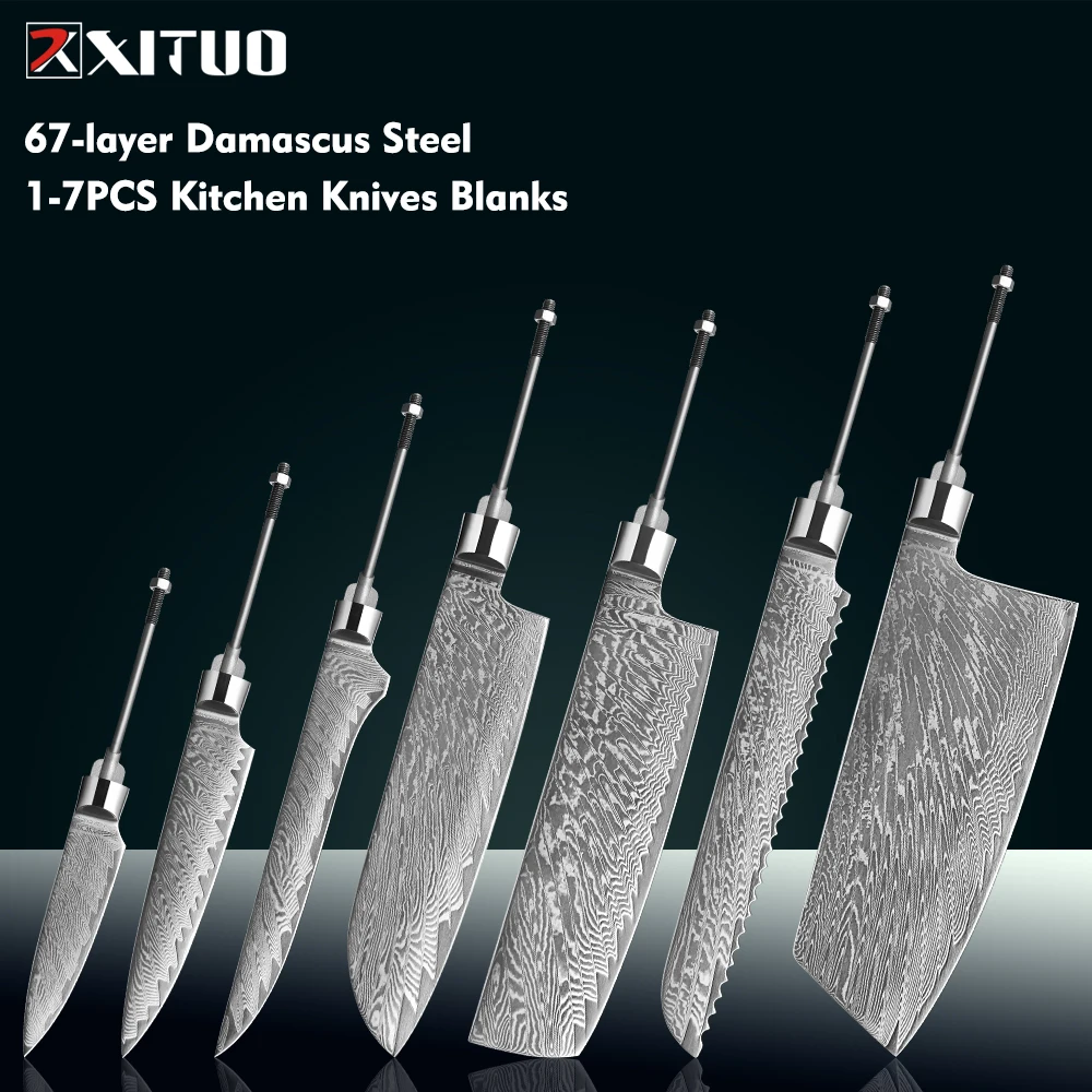 XITUO Handmade DIY Blades Damascus Steel 1-7PCS Kitchen Knives Set Blank Blade 67 Layers Sharp Personalized Custom Knife Tools