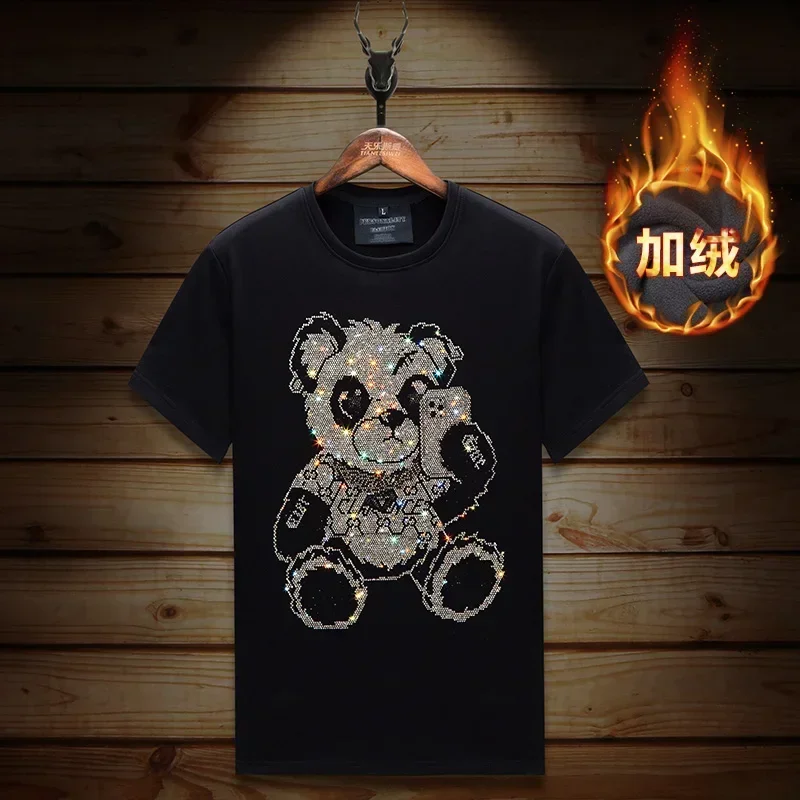 

Футболки больших размеров с рисунком медведя и бриллиантов, мужская зимняя одежда, толстый бархат, уличная одежда с короткими рукавами, повседневные топы с круглым вырезом, Ropa Hombre