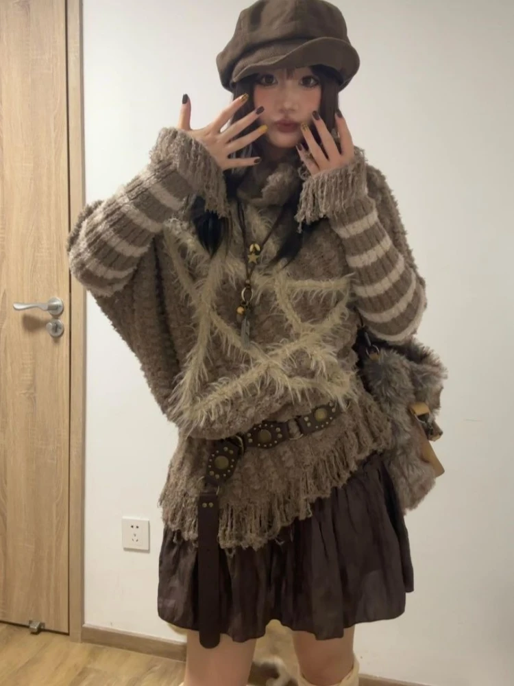 

Новый осенне-зимний свитер в полоску в стиле ретро в стиле панк, женский дизайн, свободный вязаный свитер Y2k, модный крутой свитер 2000-х годов, эстетические шикарные наряды